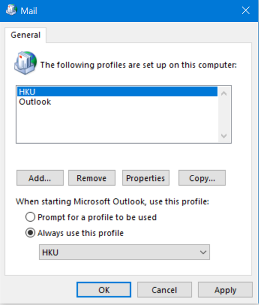 In the “When starting Microsoft Outlook, use this profile:”, click “Always use this profile” and select HKU (the new profile created). Click OK.