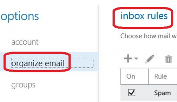 Please choose “organize email” from the left menu and select “Inbox rules”