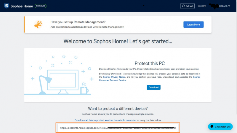 Click Download button to download the installation program. You can email the install link or copy it to install Sophos Home on another PC that you own (up to 10 PCs per account).