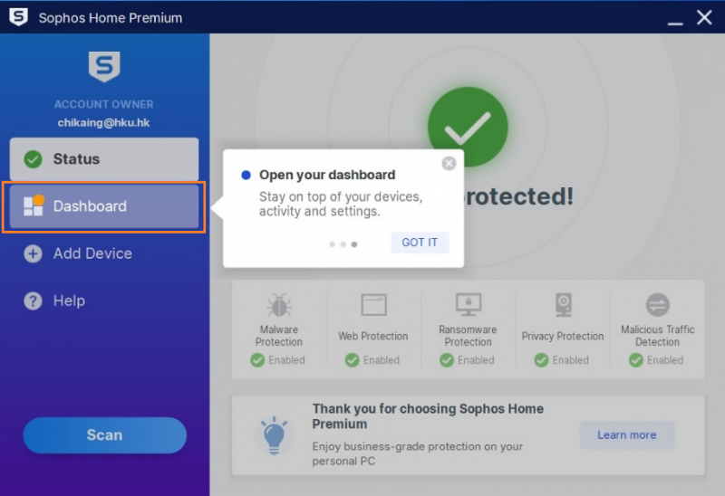 Click Dashboard to check and manage devices under your Sophos Home account.