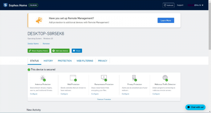 Click Dashboard to check and manage devices under your Sophos Home account.