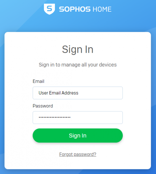 Go to https://my.sophos.com/en-us/login/ and sign in using your Sophos Home account.