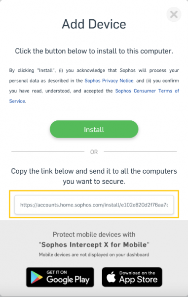 You can also email the install link or copy it to another PC you wish to install Sophos Home.