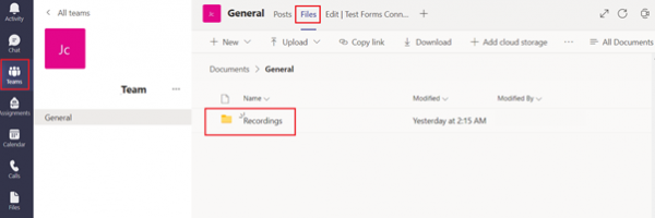 the meeting recording will be saved under the File tab of the same Channel under the Recordings folder.