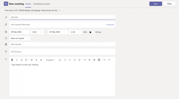 Select the date and time for the meeting. Add a title, attendees to invite and other relevant information. 
