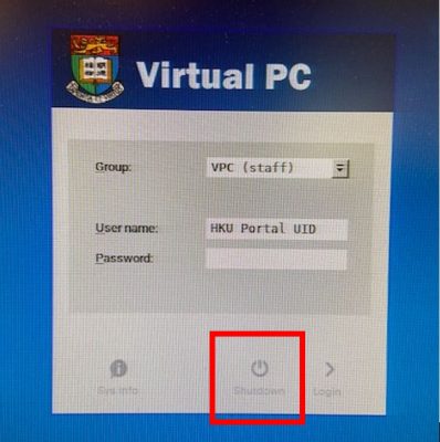 Select shutdown in VPC login screen 