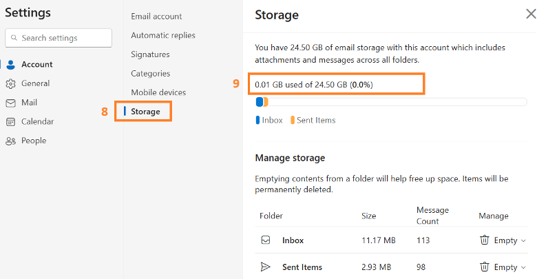 Inside Account, click Storage, the current usage and size of your mailbox will be shown on the right side.