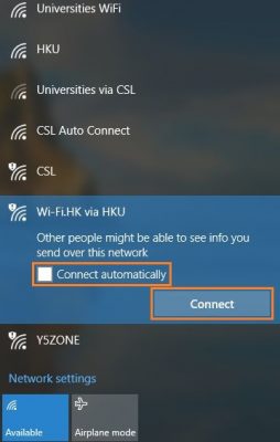 Choose the SSID "Wi-Fi.HK via HKU" and click Connect.