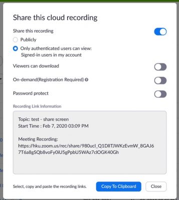 Show Zoom Recording page settings
